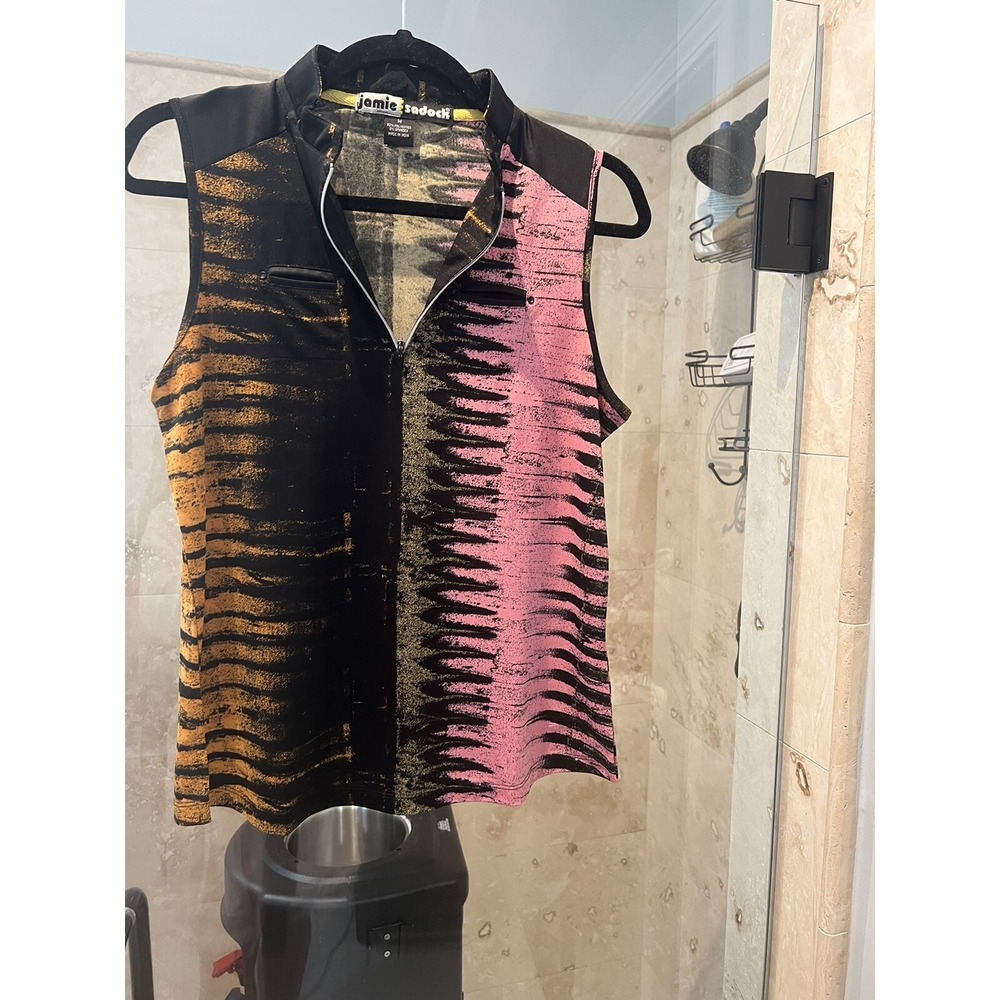 Jamie Sadock jersey Retro Print pink black zip Polo Knit Tank Top - SZ M